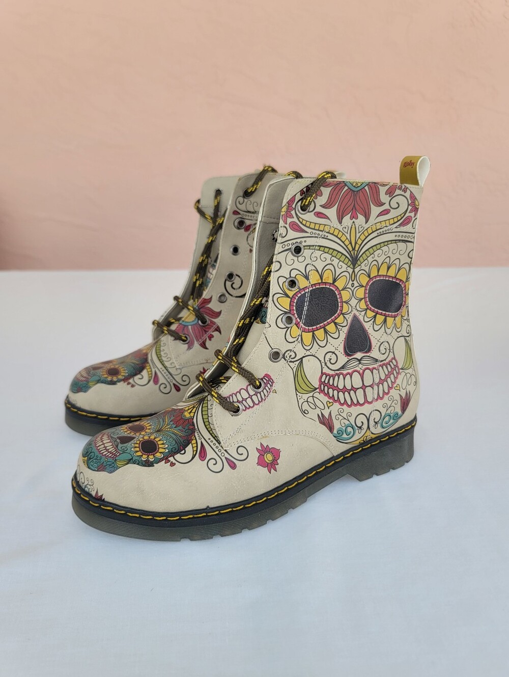 Goby Boho Floral Sugar Skull Combat Boots Women's US 10